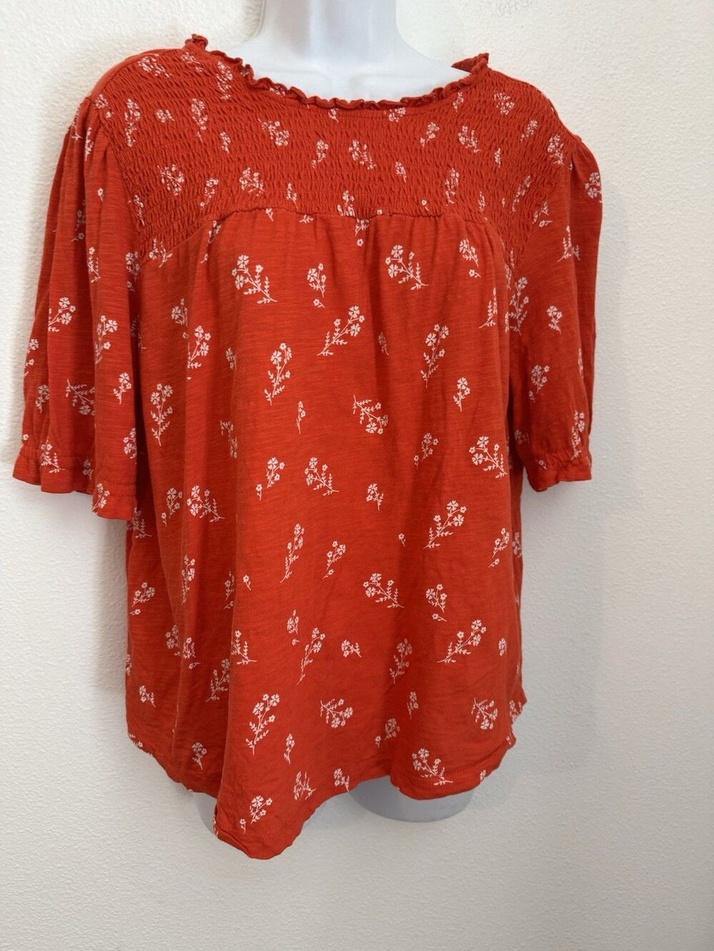 Lucky Brand Too Knit Floral Smocked Coral Orange Short Puff Sleeves Boho Size L